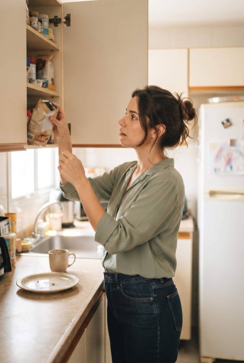 Às 10h07, na cozinha, procurando o que beliscar no armário