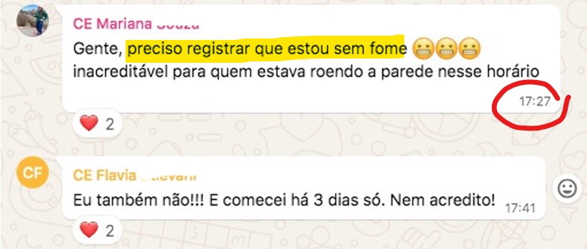 Print do depoimento: sem fome às 17h27
