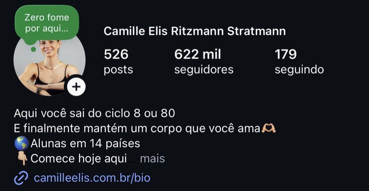 Perfil de Camille Elis no Instagram, com 622 mil seguidores