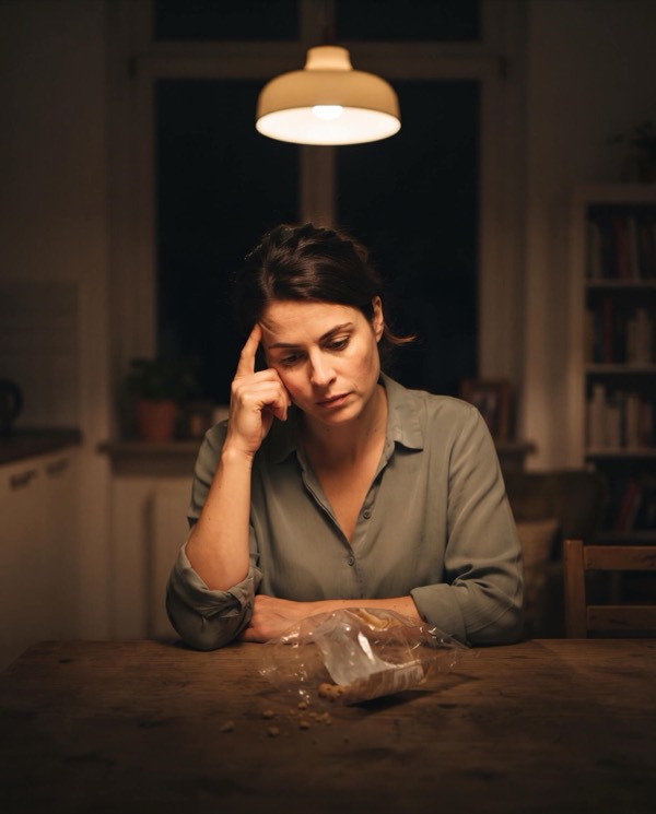 Às 21h, sentada à mesa da cozinha, ao lado do pacote de biscoito vazio